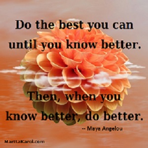 Maya Angelou quote with peach-colored dahlia in water.